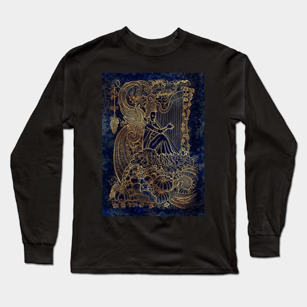 Harvest Moon Harpist. Celestial Background. Long Sleeve T-Shirt by Mystic Arts